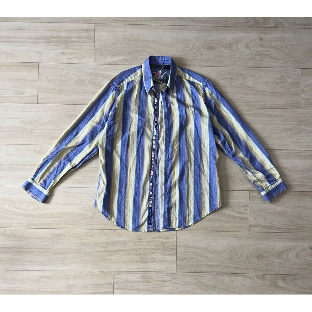 Robert Graham Mens Shirt Medium Striped Embroidered Blue Long Sleeve Button Up‎
